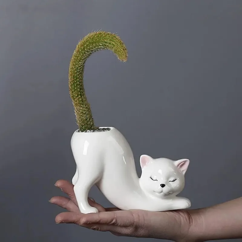 Ceramic Kitten Planter with Drainage Hole - Minimalist Animal Bonsai Container for Home and Desktop Decor