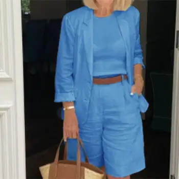 Cotton Linen Temperament Blazer Shorts Women's Blazer Suit 2 Piece Set Elastic Waist Thin Female Blazer Shorts Summer Outfit