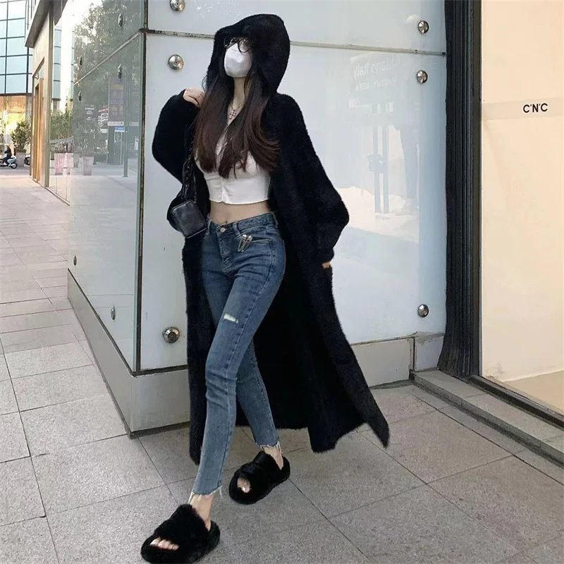

Solid Mink Cashmere Sweater Cardigan for Women Autumn Winter New Fashion Casual Pockets Hooded Long Knitted Coats Oversized T560