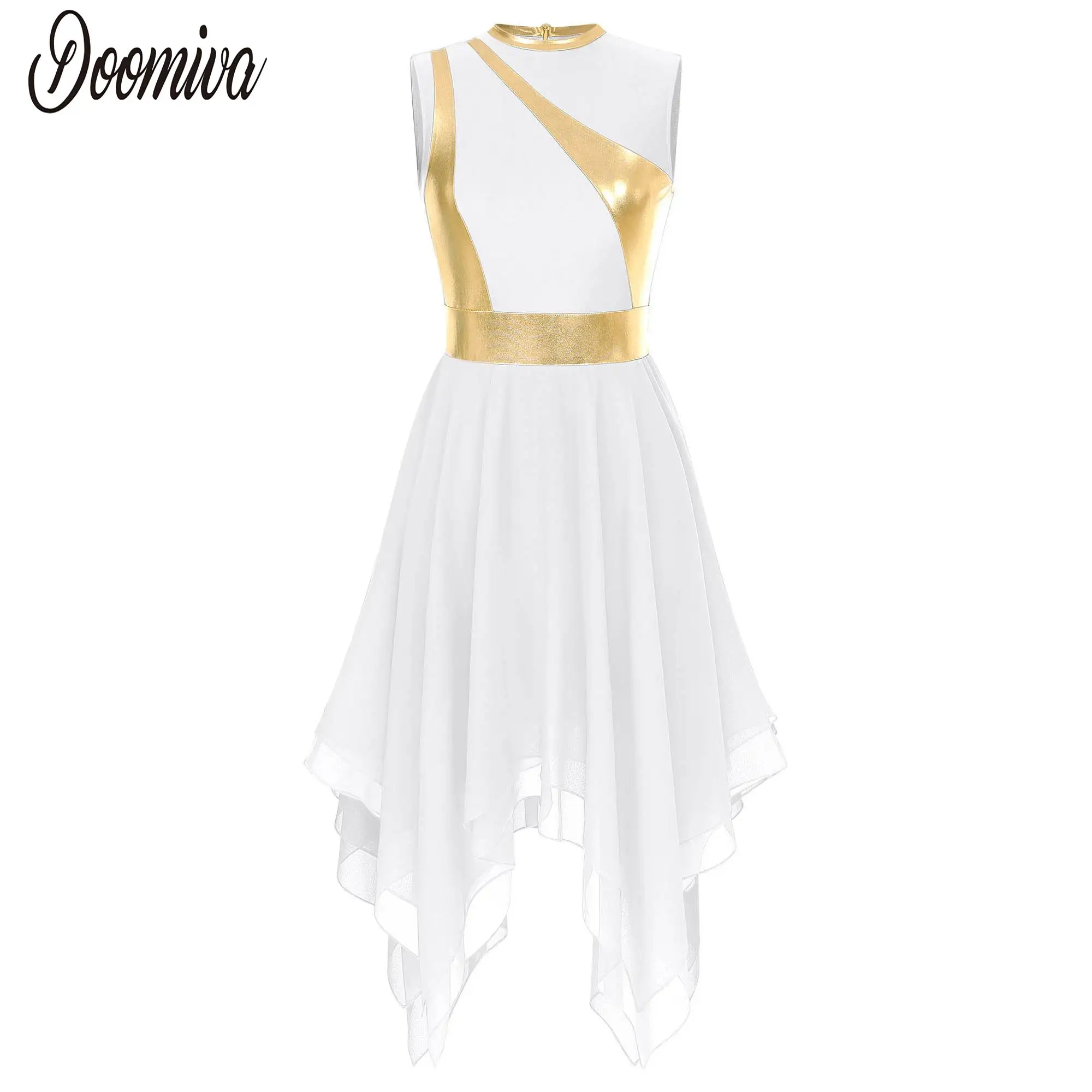 

Lyrical Dance Costume for Women's Praise Liturgical Dancewear Color Block Lady Sleeveless Zipper Back Irregular Hem Tunic Dress