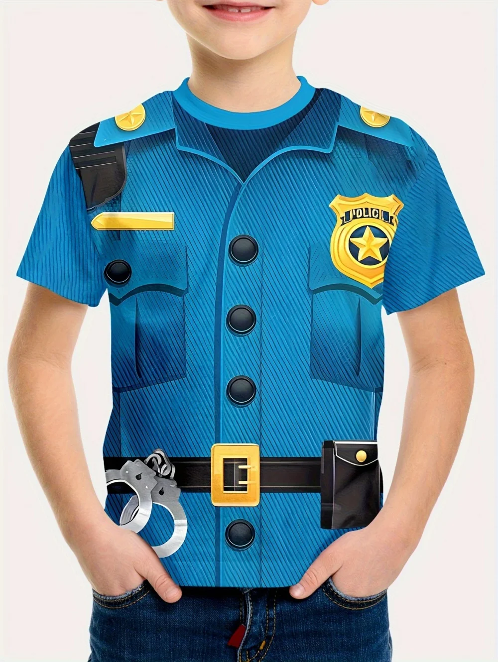 Kinder-T-Shirt für Jungen, cooler Polizei-Abzeichen-Aufdruck, modisch, Rundhalsausschnitt, kurze Ärmel, Sommer, Outdoor-Sport, perfektes Geschenk-T-Shirt für Jungen