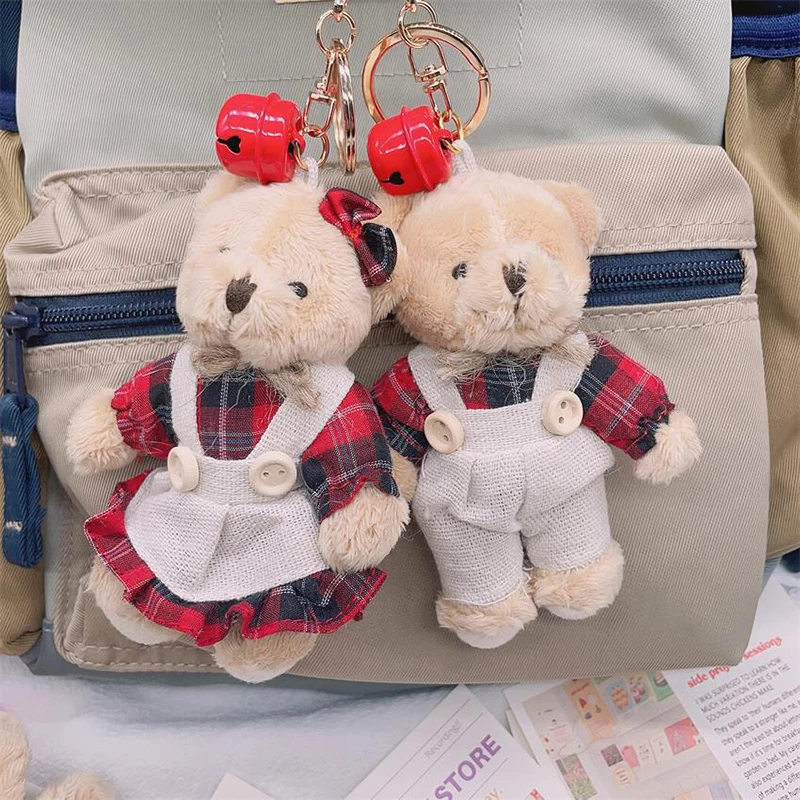 귀여운 리넨 곰 인형 장난감 키체인, 컨트리 스타일, 부드러운 동물 키체인, 가방 자동차 결혼식 파티 장난감 선물, 12-13cm