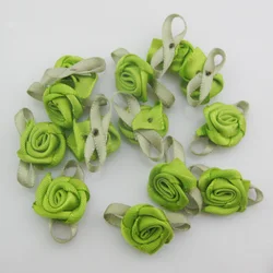 Vibrant Fabric Ribbon Rose Rosettes with Leaf - Set of 50 Flower Embellishments for DIY Crafts & Sewing Supplies (24 green)