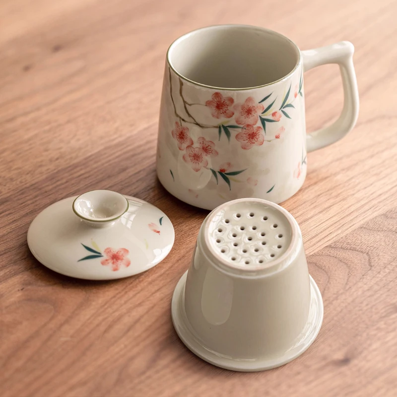 Chinese Style Flower Pattern Mugs, Home Personal Office Cute Teacup, With Cover, Creative Separated Tea Cups for Tea, 350ml, 1Pc