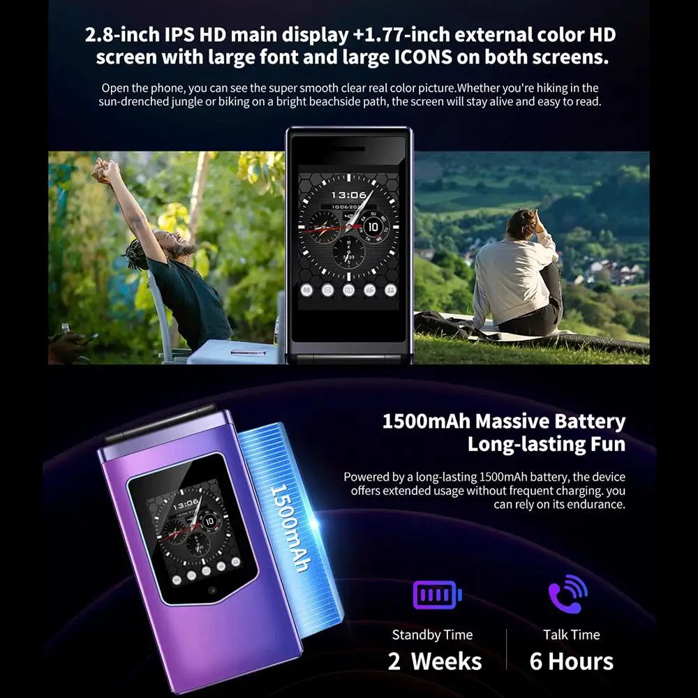 HAMTOD T8 4G Flip Phone 128MB ROM 48MB RAM 2.8 inch + 1.77 inch VoLTE BT SOS OTG 1500mAh Battery 0.3MP Camera Cellphone 4