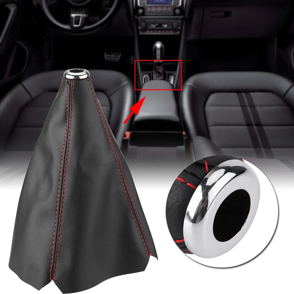 Universal Black PU Leather Gear Knob Cover with Red Stitching
