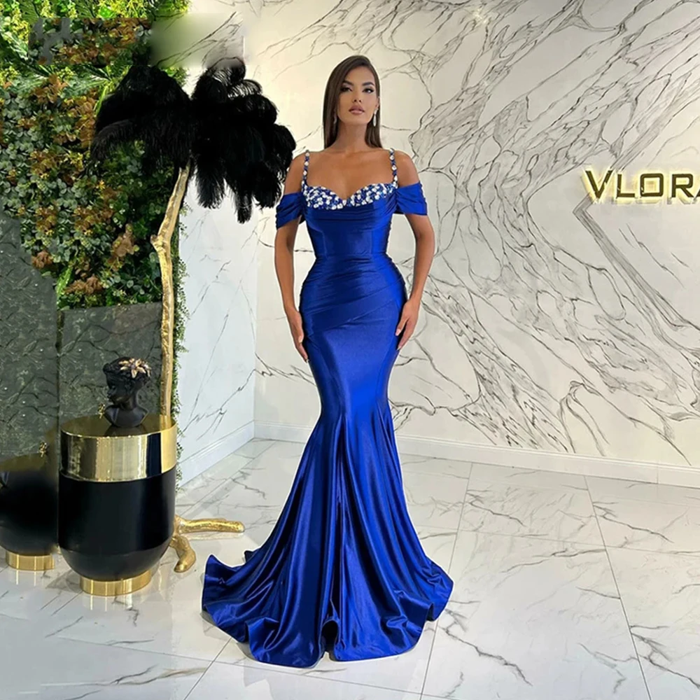 

Royal Blue Women's Evening Dresses Sexy Off Shoulder Mermaid Satin Pleated Applique Princess Prom Gowns Formal Beach Party Robe