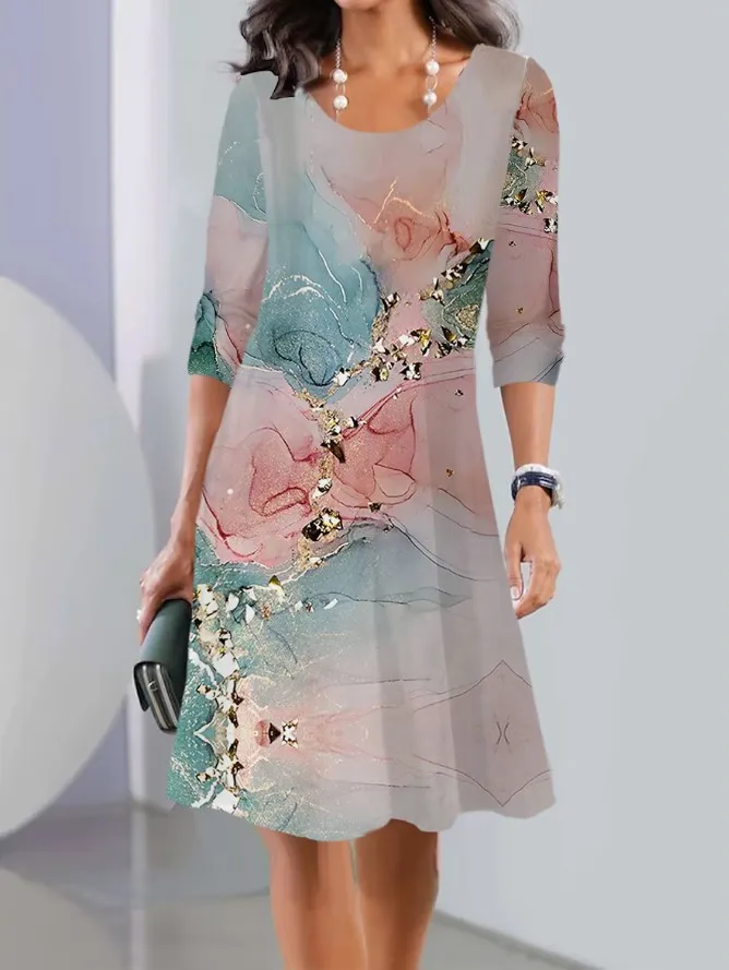 

2024 Street Clothing Spring and Autumn Season New Printed Long sleeved Round Neck Mid length Summer Dress YSS40-5