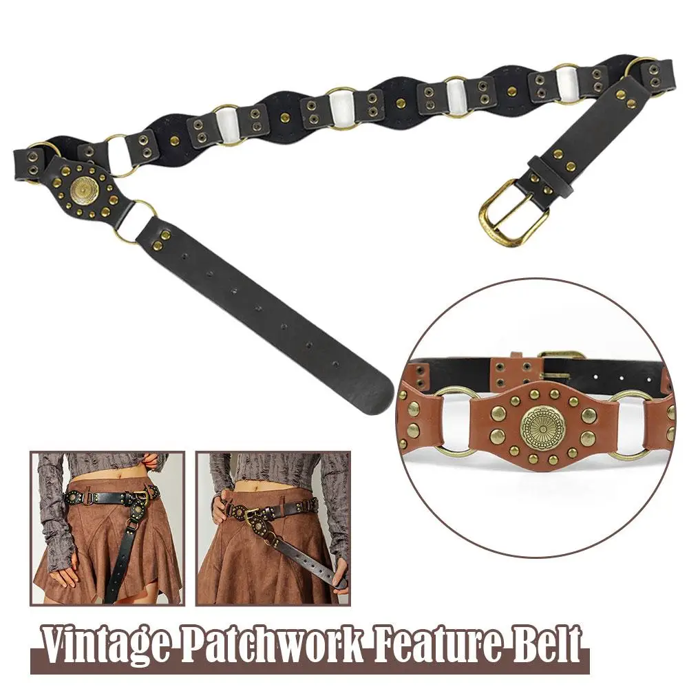 

Women Boho Disc Concho Leather Belt Vintage Grunge Waist Aesthetic Belt Y2k Wide Cowgirl Waistband Patchwork Belt Western W W7A2