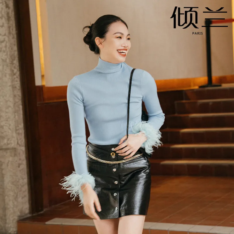 

PATADS French M Family [same style as blogger] Autumn/Winter New Detachable Feather Cuff Knit PU00533