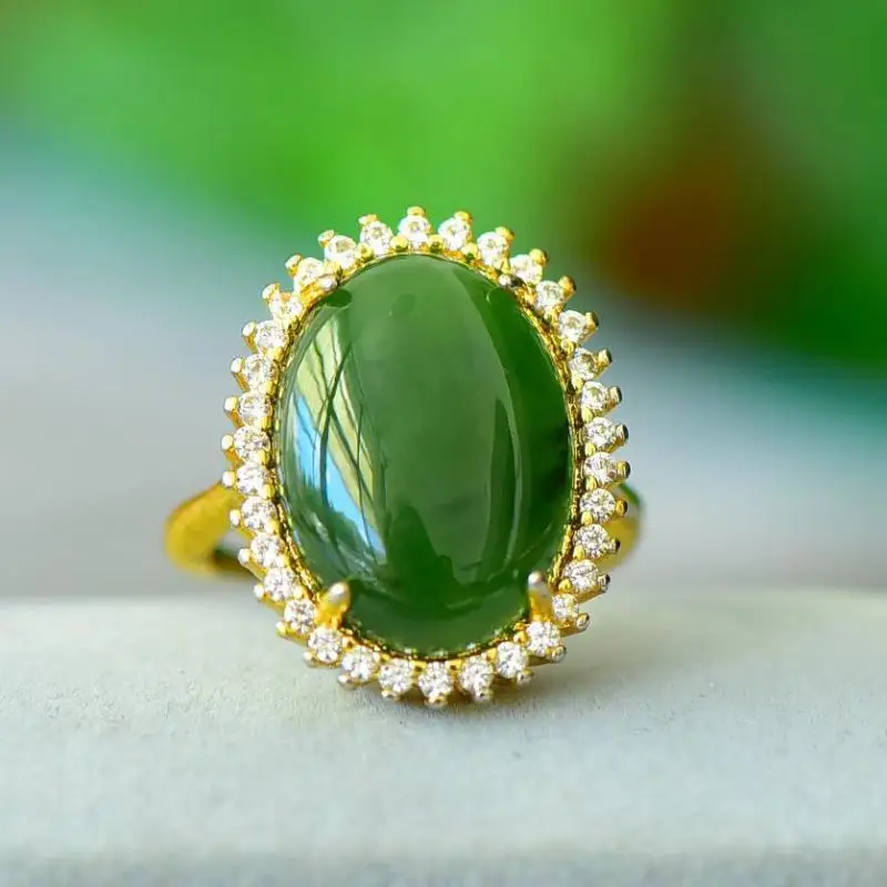 

Кольца из натурального циркона с зеленым нефритом, женские лечебные драгоценные камни, ювелирные изделия из натурального нефрита, овальное кольцо из нефрита, позолоченные кольца