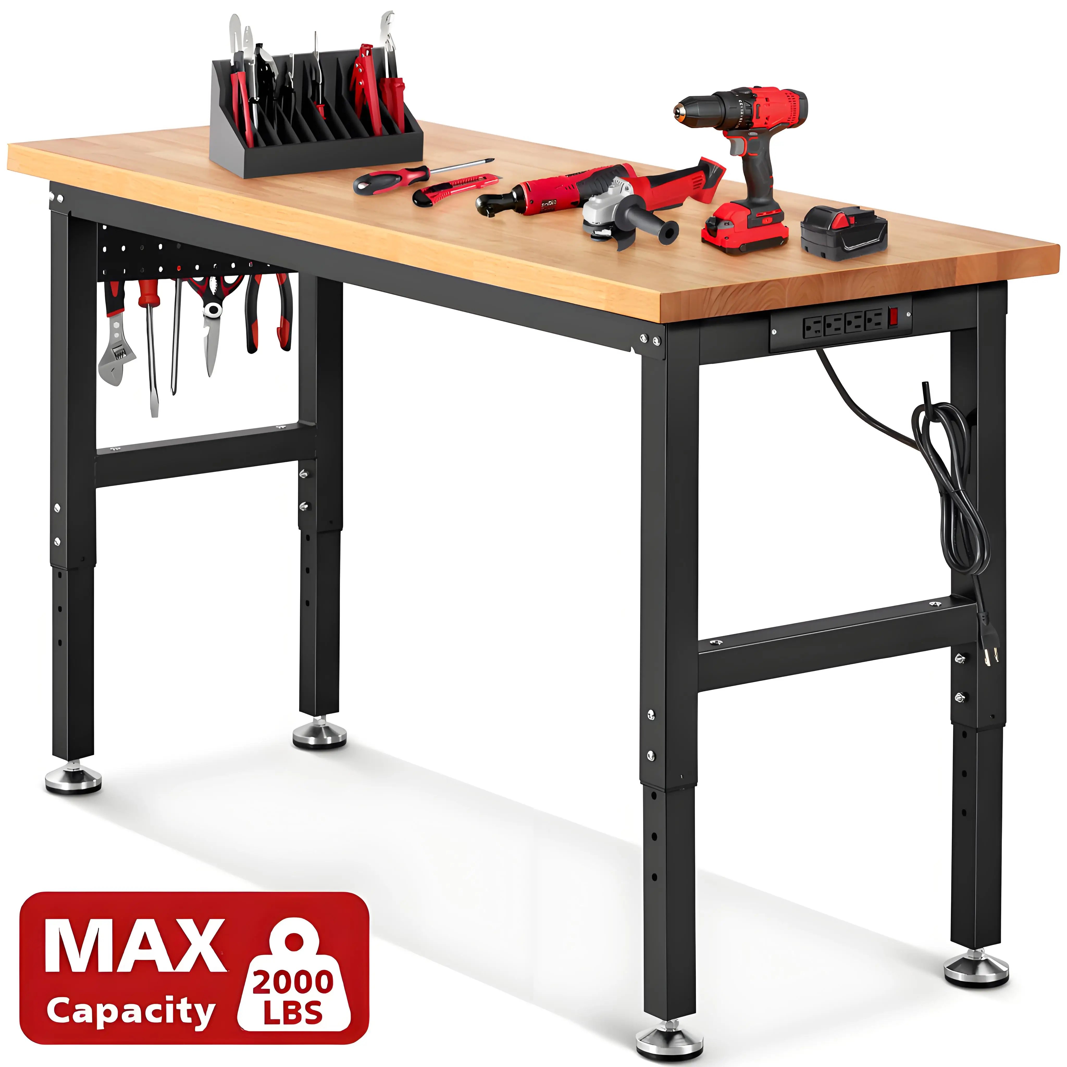 Adjustable Height Wood Workbench Table with Power Outlet