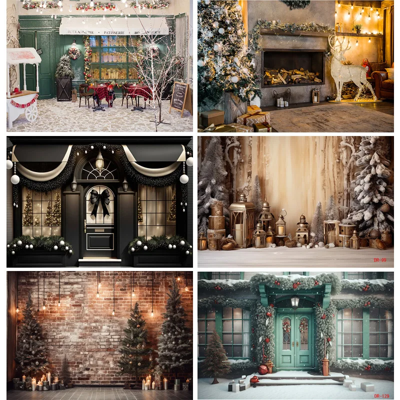 

SHUOZHIKE Christmas Day Fireplace Photography Backdrops Prop Window Living Room Interior Village House Theme Background DR-04