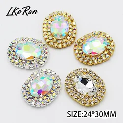 High quality 24*30mm Crystal AB Sewing Rhinestones Buttons Gold Metal Applique DIY Wedding decoration for 10Pcs/lot