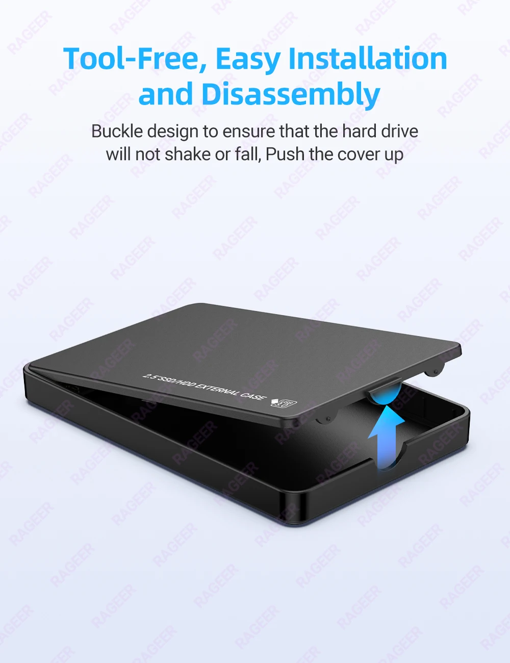 Rageer 2.5 "HDD-Gehäuse 5 Farben externes Festplatten gehäuse USB 3,0 bis Sata 3,0 5 Gbit/s Festplatten gehäuse für 7mm/9,5mm 2.5" Festplatte – Detail 6