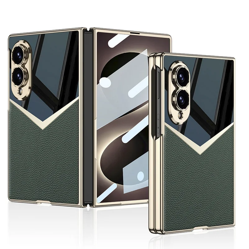 Elegant Leather Plated Frame Color Block Case with Front Glass Protective Film Cover