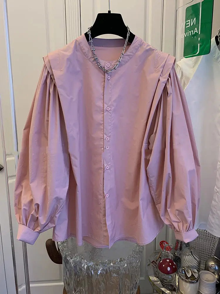 

Рубашка женская хлопковая с длинным рукавом-фонариком, Повседневная блузка свободного покроя с круглым вырезом, на пуговицах, однотонная уличная одежда, F241