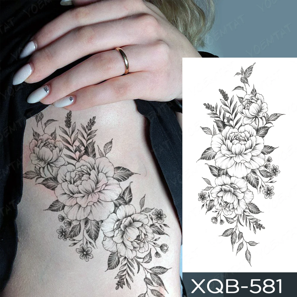 Line Flower Waterproof Temporary Tattoo Sticker Peony Rose Lily Leaf Plant  Flash Tatto Women Men Arm Waist Body Art Fake Tattoos| | - AliExpress