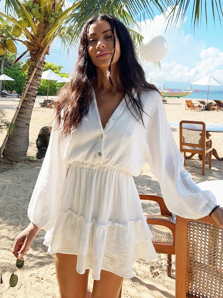 

Lantern Sleeve White Mini Dress Women Outfit 2023 New Summer Single Breasted Ruffles Elegant Casual Beach Holiday Short Dresses