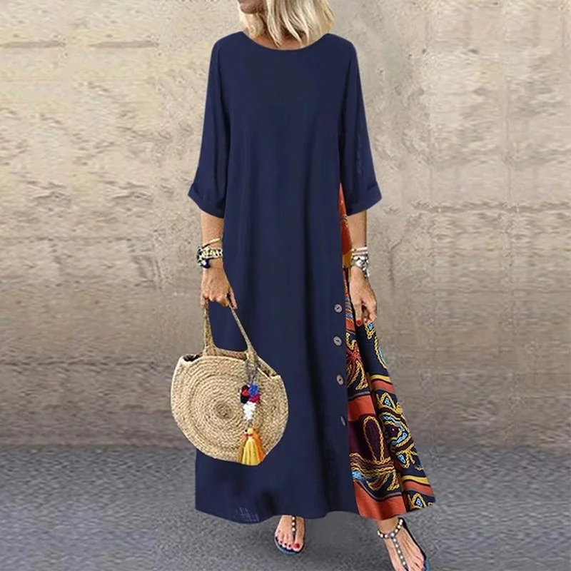 Women Vintage Maxi Dress Summer Solid O Neck Stitching Printed 3/4 Sleeve Side Buttons Dresses Loose Casual Long Dress Plus Size wedding dresses