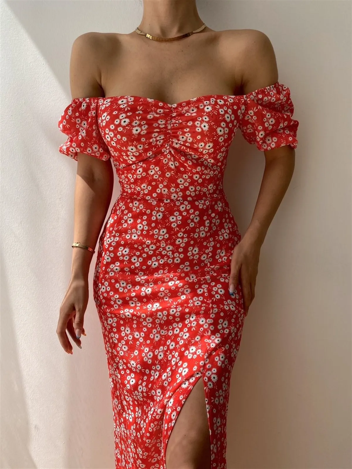 

Soolasea 2023 New Summer Floral Print Off Shoulder Puff Sleeve Maxi Dress for Woman Robe Sexy Lace Up Side Split Casual Dress