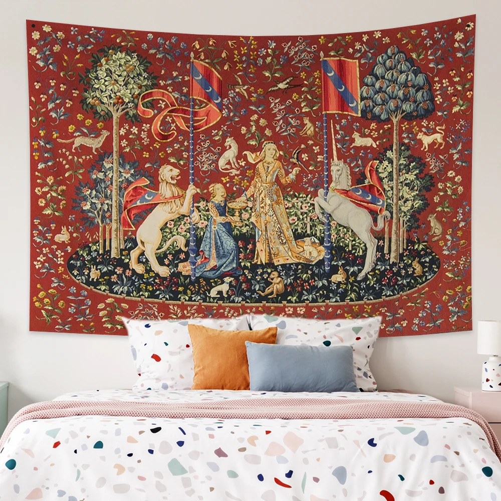 Tapestry decorations Medieval Lady And The Unicorn Tapestry Wall Hanging Multifunction Home Decor Background Decor Bedspread Blanket Mat Covering