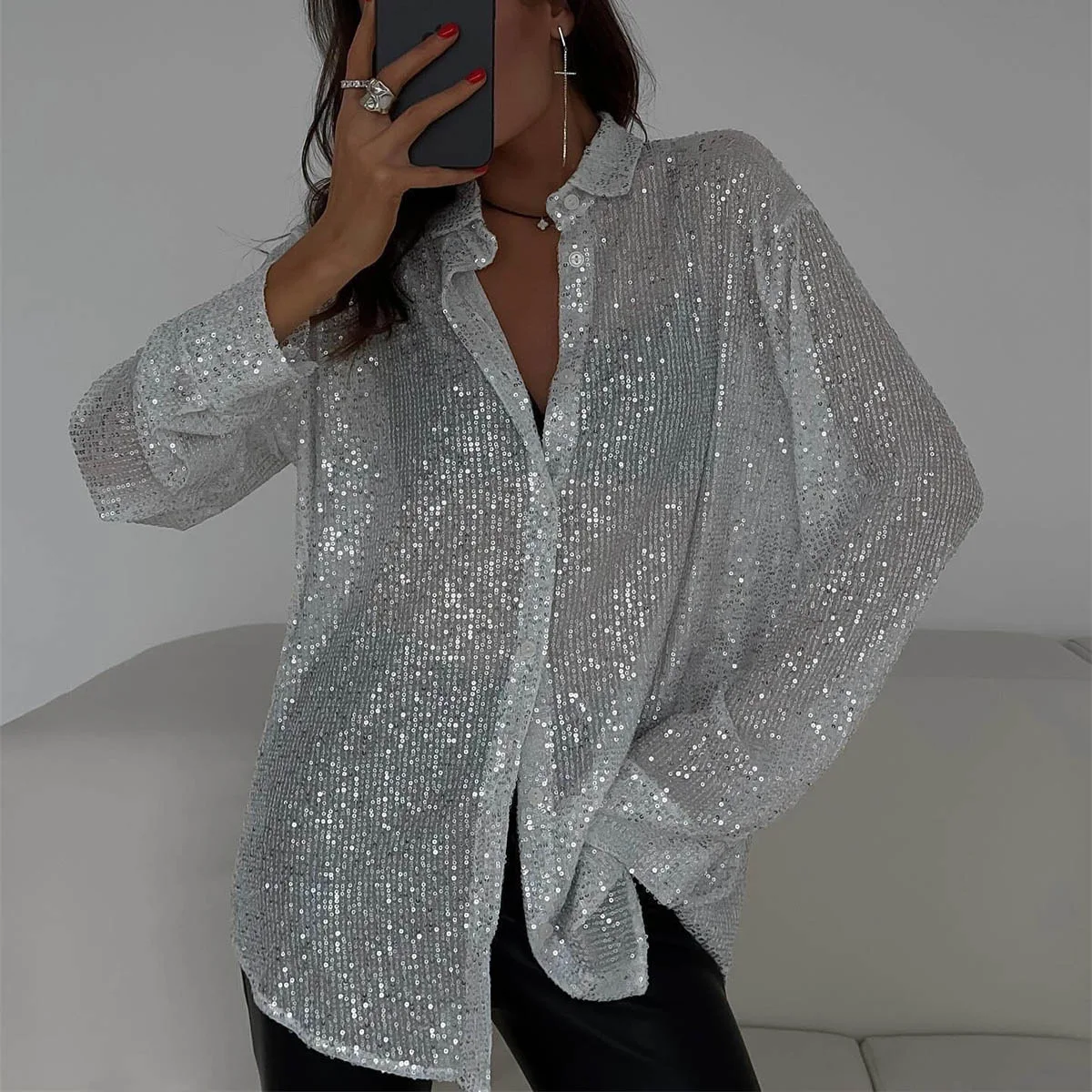 

New sequined top with lapel long sleeve cardigan base