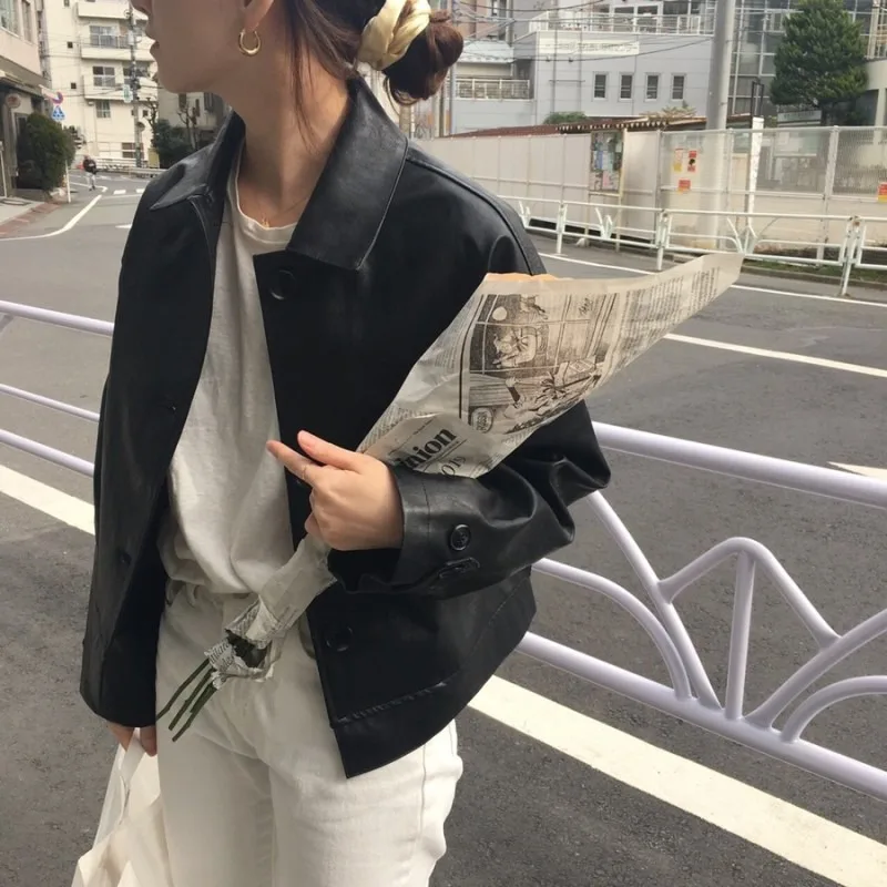 

Женская куртка из ПУ кожи, черная куртка из матовой кожи, универсальная Короткая Повседневная модная куртка в Корейском стиле, весна 2024