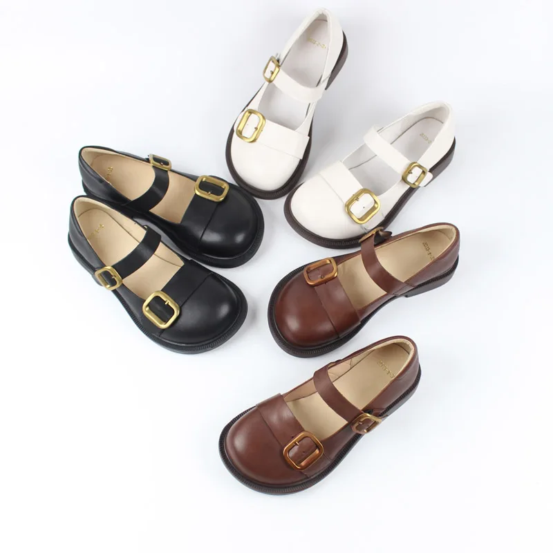 

2023 new spring autumn Women pumps natural leather 22.5-25cm Vintage cowhide+pigskin buckle brush color women Mary Jane shoes