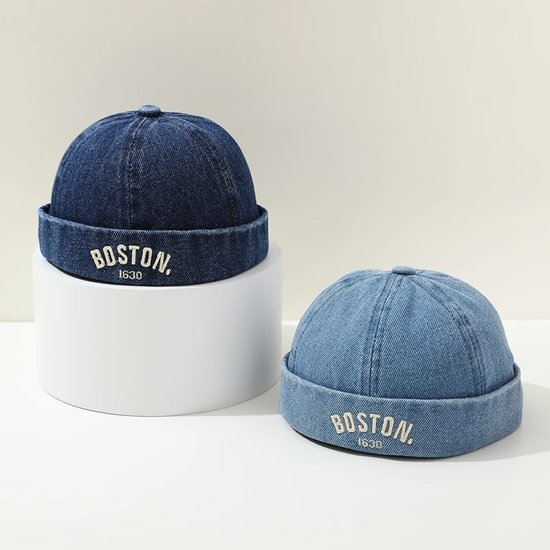 Blue Denim Baby Beanie Hat - 1-3Y Drawstring Hip Hop Cap