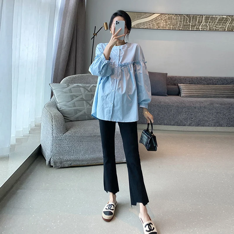 Maternity Cotton Long Sleeves Stand Collar Blouse European Fashion Design Pregnant Women