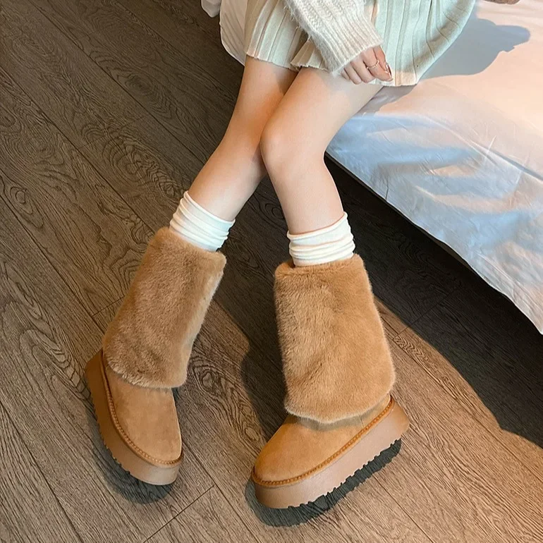 2023 New Brown All-match Warm Non-slip Thick Snow Boots Women's Winter Plus Fleece and Thick Woolen Cotton Shoes platform boots