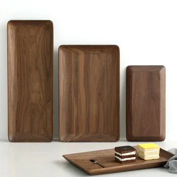 Vassoio Rettangolare in Legno Massello di Noce Nero, Piatto da Portata in Legno, Tavola da Tè, Piatto per Frutta, Organizzatore per Cucina e Casa