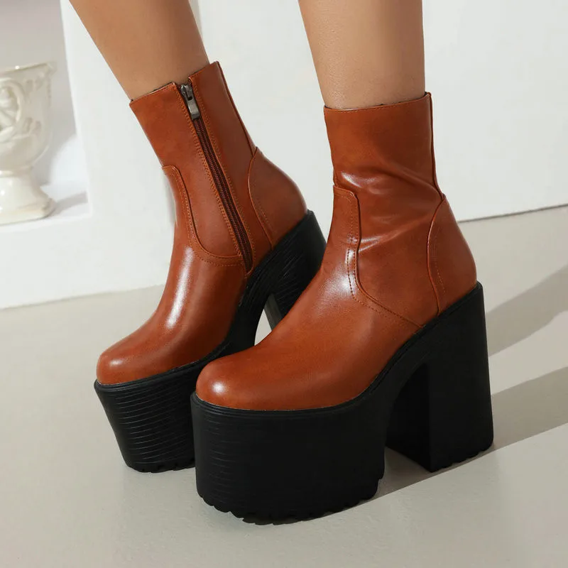 

ENMAYER Boots Ultra-High Platform Round Head Thick Heel Retro British Women's Mid-Tube Boots Side Zip Plush Inner Thick Bottom