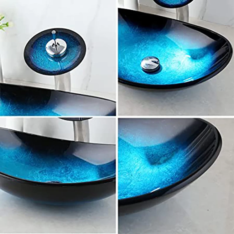 ZAPPO Tempered Glass Bathroom Vessel Sink with Waterfall Black Faucet Tap Bathroom Oval Blue Vessel Sinks Above Counter Basin 3