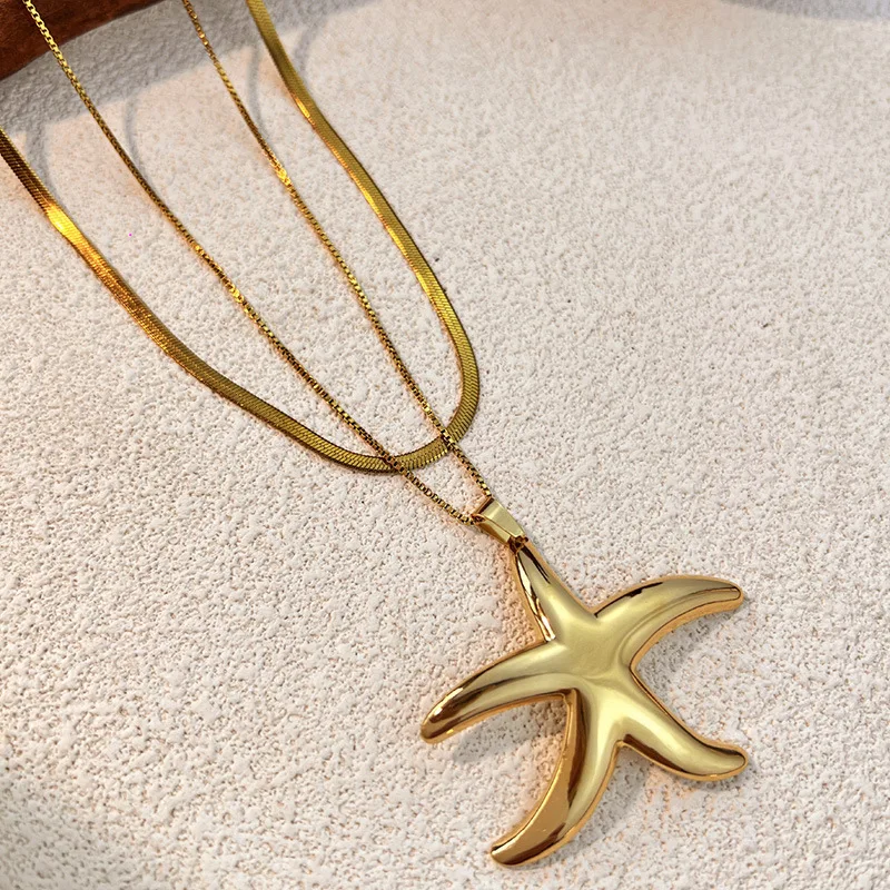 Retro Multiple Styles Starfish Pendants Polished Metal Butterfly PVD Hypoallergenic Snake Chain Textured Big Star Collar Jewelry