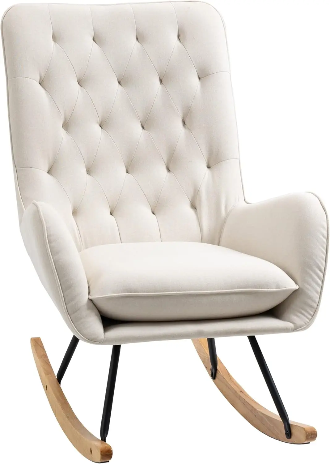 

Mid-Century Fabric Rocking Chair Sofa Armchair Tufted Rocker Wingback Accent Chair with Padded Seat, Rubber Wood Base for Home