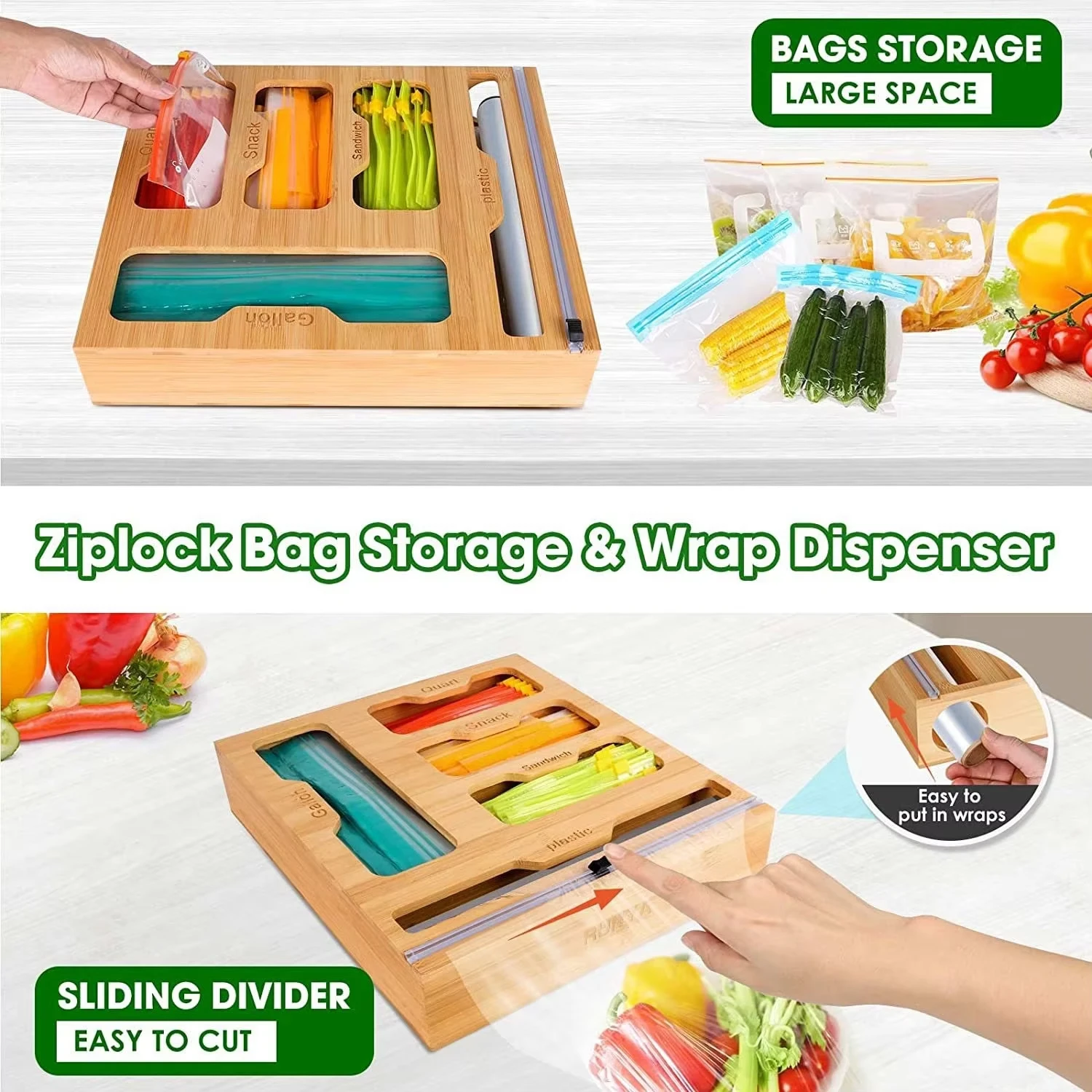 Bamboo Ziplock Food Bag Holder Compatible Wall Storage Racks Kitchen Storage Shelf Plastic Wrap Organizer Dispenser With Cutter 3