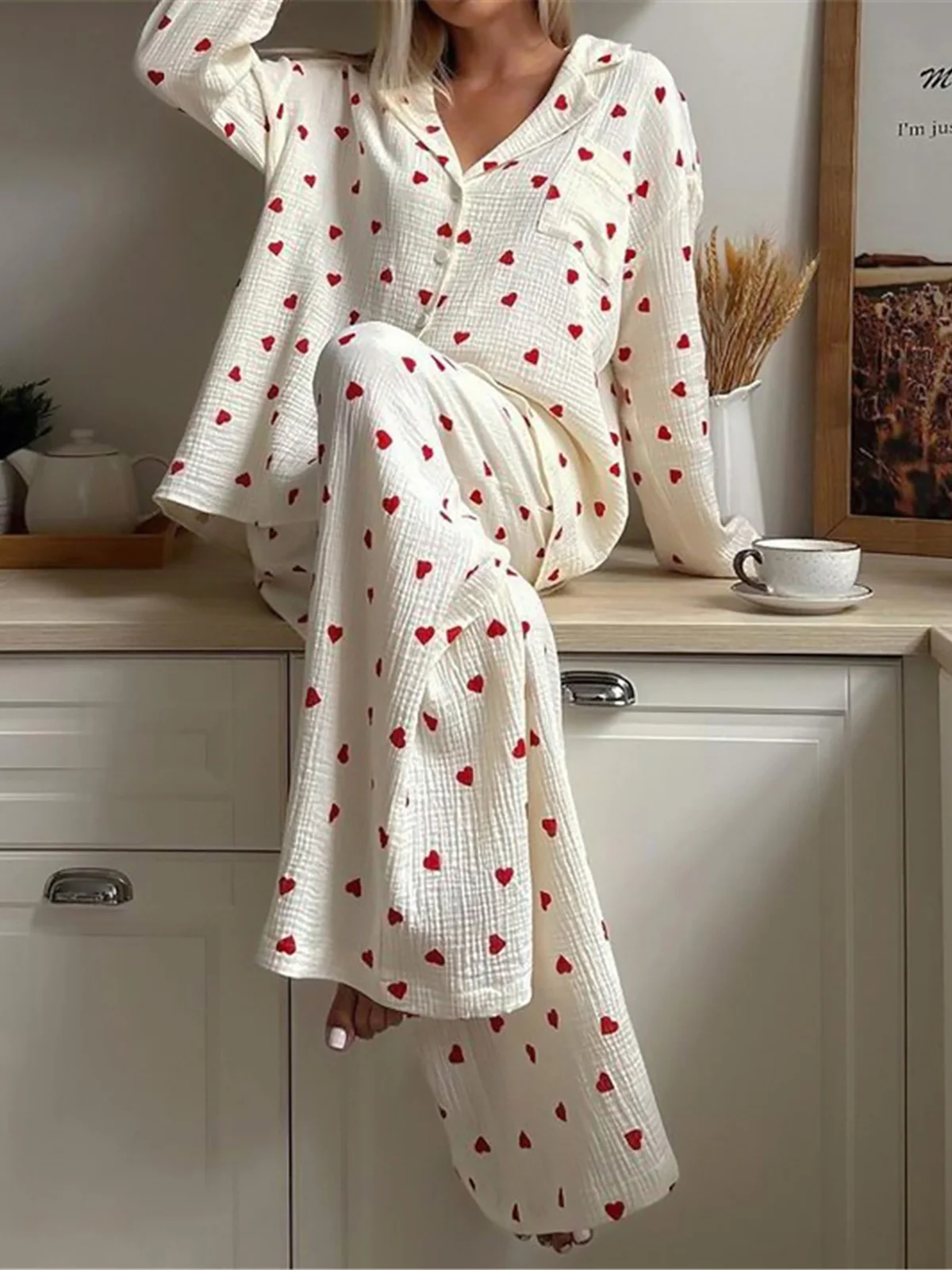 Love Print Cotton Pajamas women pajamas set women pajama suit cotton pajamas set For Women Single-Breasted Pocket New In Women's Sleepwear Lapel Long Sleeve Woman Clothing D323