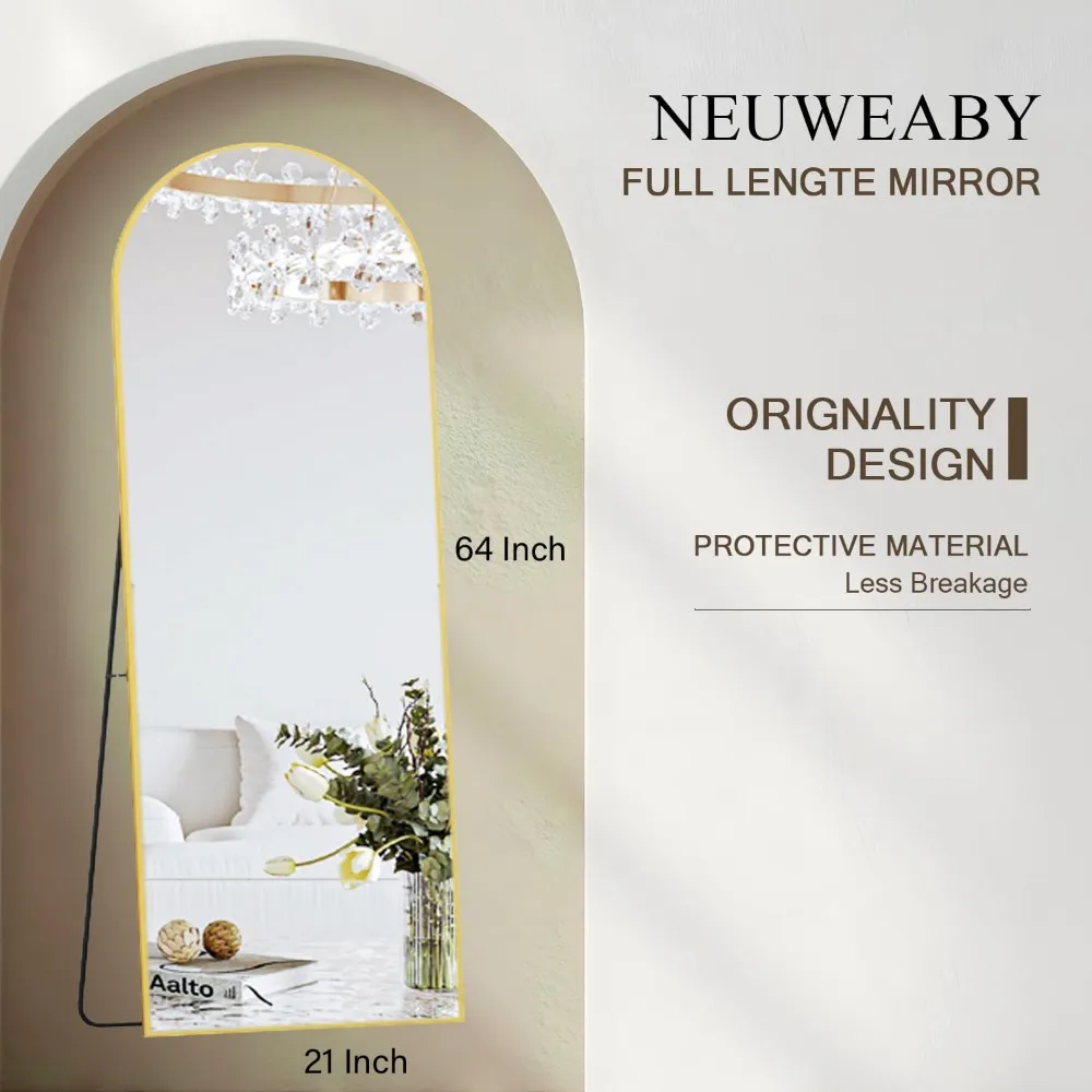 Full Length Mirror, 64"x21" Arch Mirror Floor Mirror with Stand, Gold Arched Full Body Standing or Leaning Mirror for Bedroom images - 6