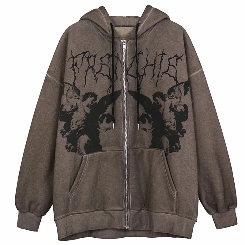 

Women Vintage Angel Print Hoodies Punk Long Sleeve Zip Up Pocket Hip Hop Outwear 2022 Autumn Winter Hooded Jacket Y2k Clothes