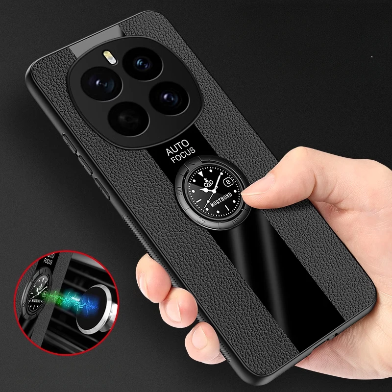 Elegant PU Leather Magnetic Ring Holder Phone Case with Silicone Matte Bumper