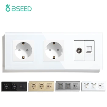 BSEED 더블 EU 벽 소켓 전원 콘센트, 화이트 블랙 골든 크리스탈 TV 소켓, CAT5 인터넷 소켓, 어린이 보호, 16A