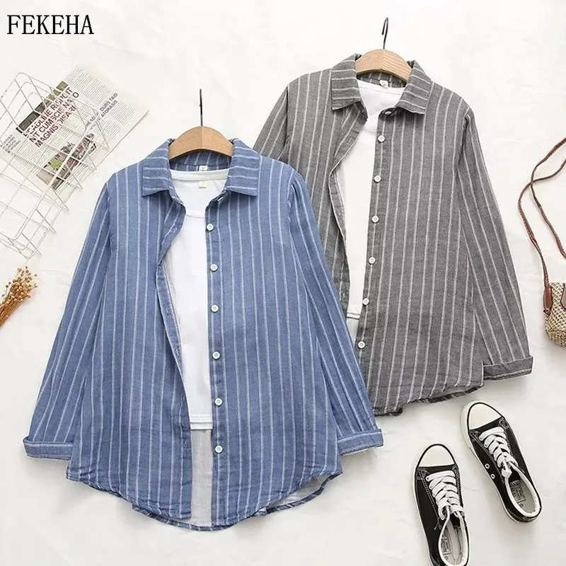

Women Striped Shirts Loose Blouses Long Sleeve Lady Tops Cotton Yarn Gauze Female Clothes Japan Style