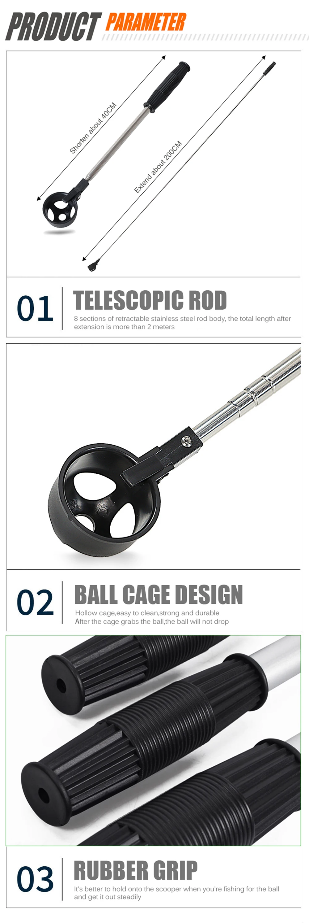 Description Picture 5 of itemExtension-type Golf Ball Retriever Stainless Steel Shaft Telescopic Rod Golf Outdoor Sport Accessory Portable Pick Up Tool