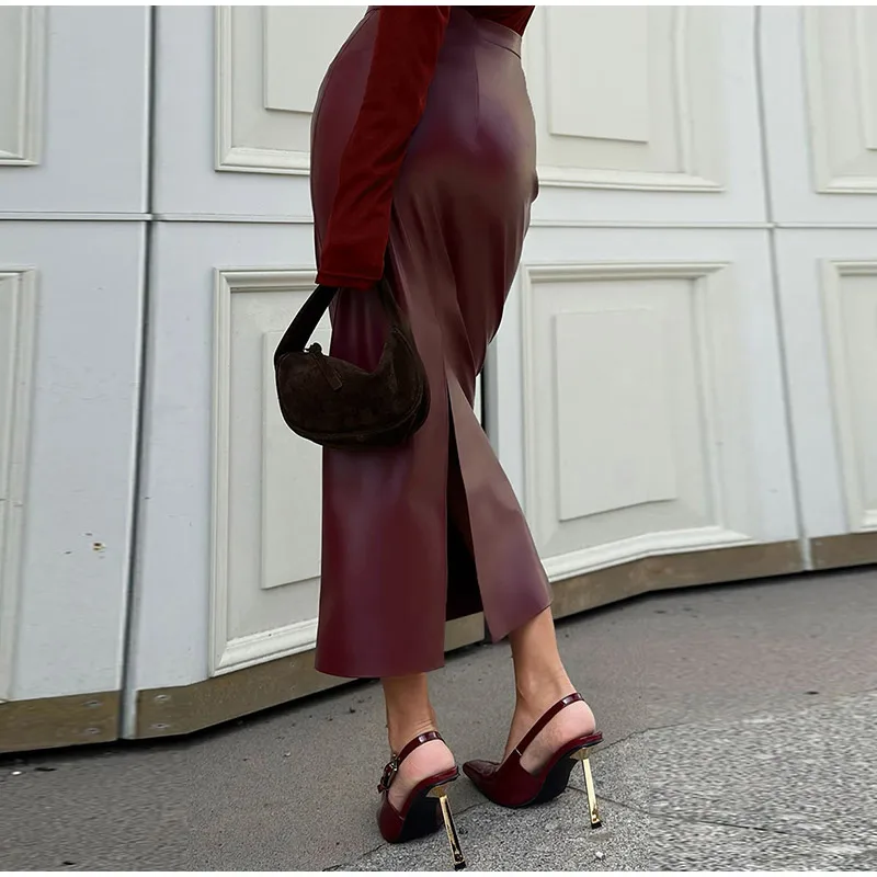 Fashion Burgundy Red Leather Skirt Slim Fit Hip Package Split Skirts Female Autumn Winter Commuting High Street Outwear