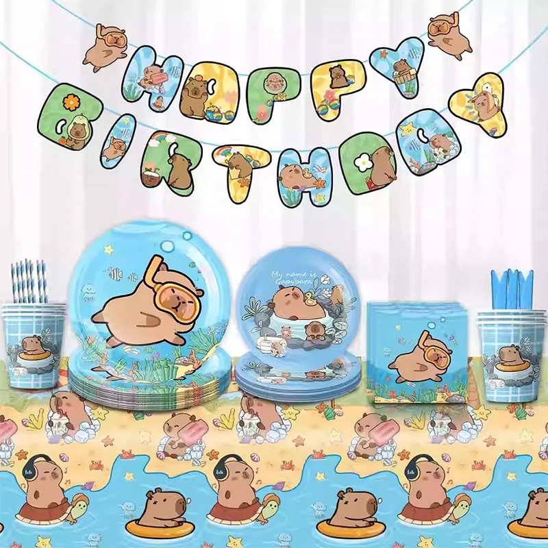 Capybara theme disposable tableware set cartoon tablecloth cups plates napkin birthday banner kids party supplies