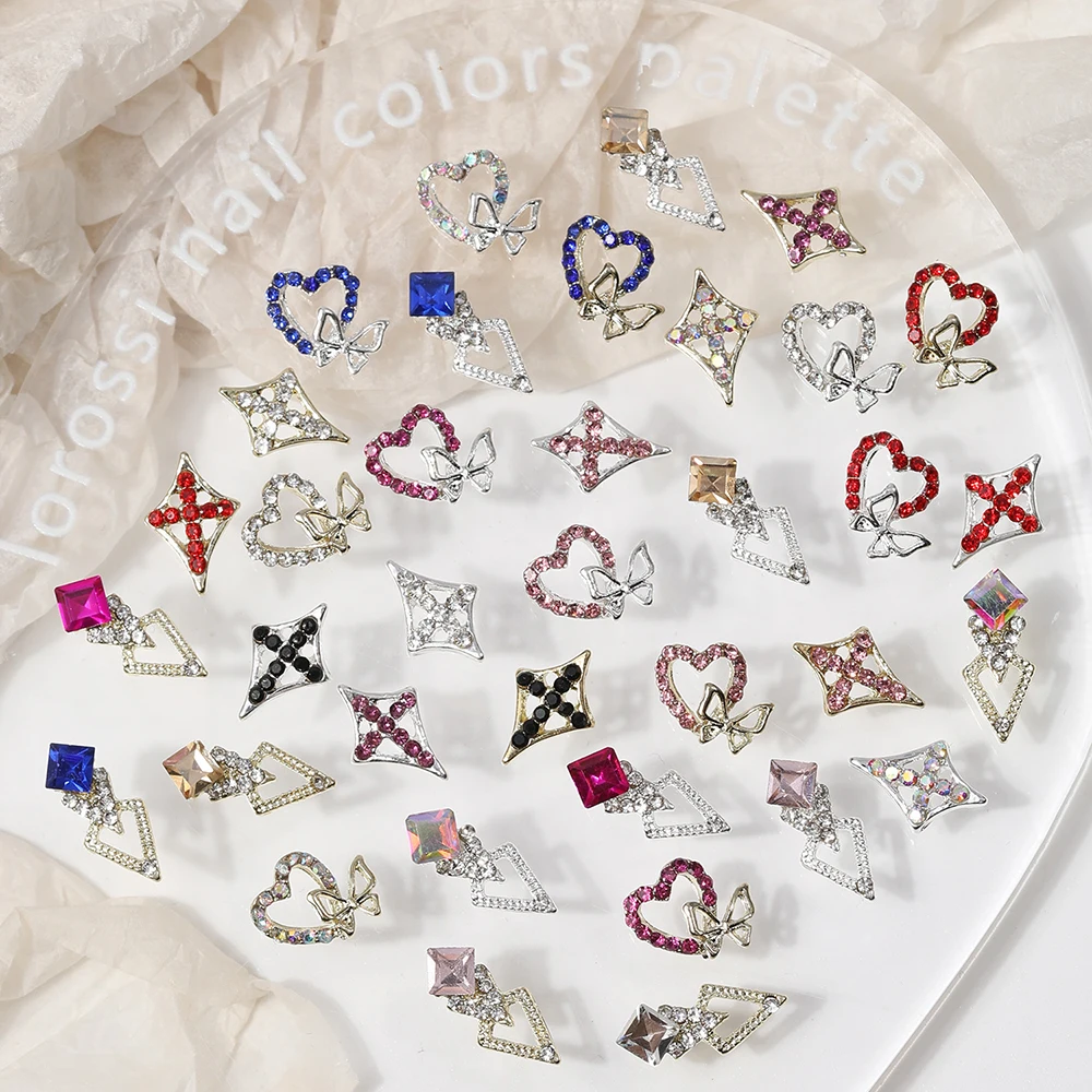 

10PCS Y2K Metal Heart Butterfly Vintage Cross Colored Rhinestones Nail Art Charm Patch Diy Handmade Gold Silver Nail Accessories