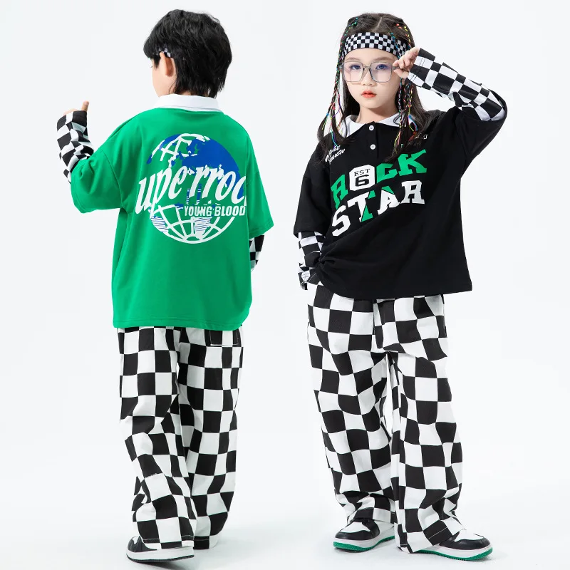 

Kid Hip Hop Clothing Black White Sweatshirt Top Casual Checkered Streetwear Baggy Pants for Girl Boy Jazz Dance Costume Clothes