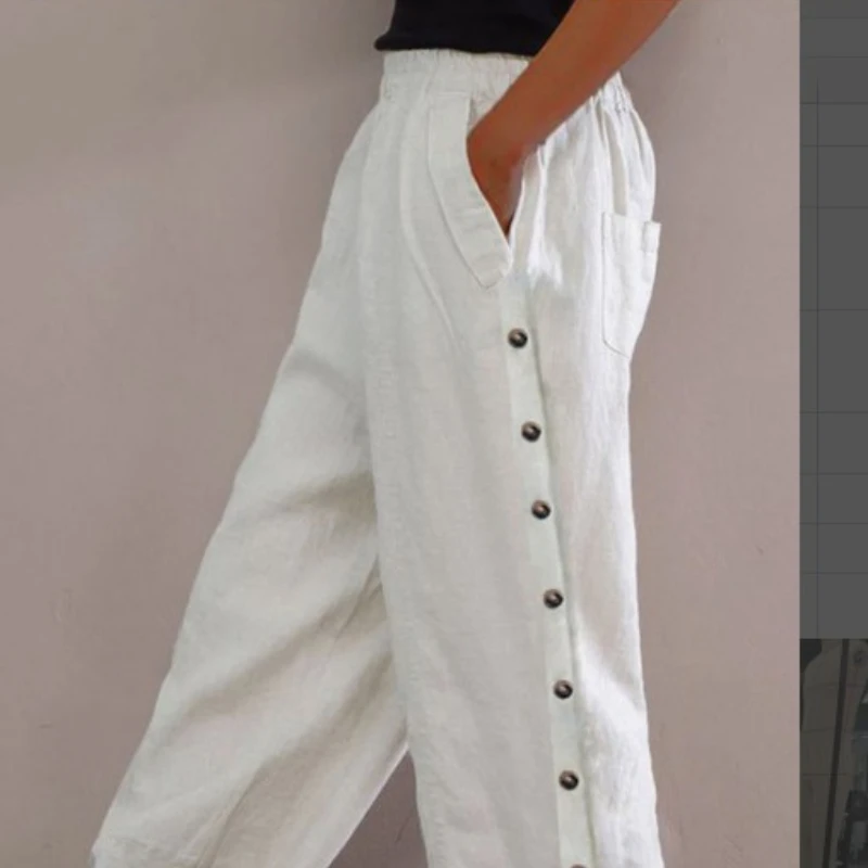 

2023 Summer New Women's Cotton and Hemp Spliced Solid Elastic Waist Split Casual Pants Button High Waist Pants for Women
